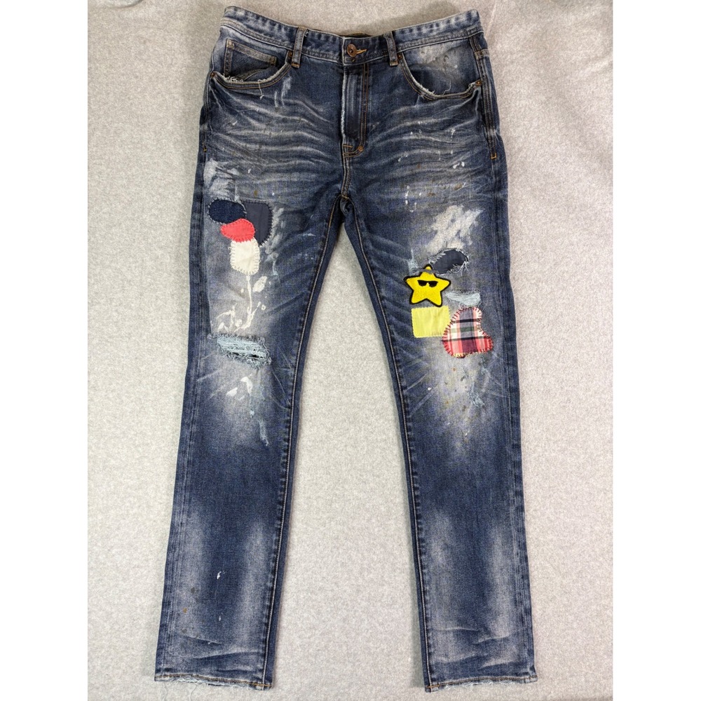 AKOO No Rivals Delinquent Distressed Patchwork Jeans Mens 34 Blue Paint Splatter